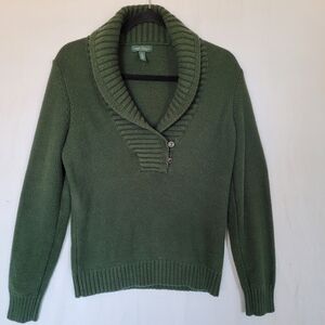 LAUREN RALPH LAUREN Shawl Collar Sweater Size L Forest Green Preppy Academia